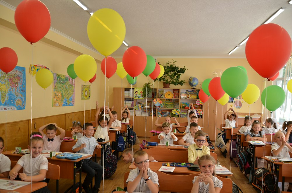 Classroom celebration with balloons